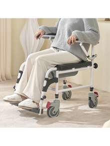 Shower Commode Wheelchair With 4 Lockable Wheels, Footrests, Flip-Up Arms, 3-Level Adjustable Height, 5L Removable Bucket, 350 LBS Capacity, Commode Chair For Adults Seniors - Black and White - View 9