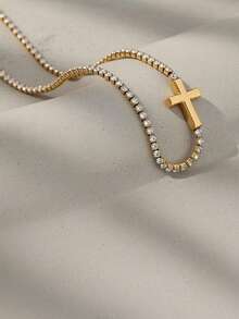 三件套不锈钢十字架首饰套装（项链+手链+耳环），简约设计融入宗教元素，是理想的礼物，适合各种场合。 - 銀色 - 查看 5