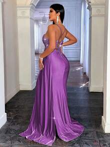 CHOSMO 大码女士优雅派对成熟浪漫简约亮片露背吊带连衣裙，适合海滩、晚宴约会、婚礼、生日、周年纪念、毕业派对、家庭度假、鸡尾酒会、音乐节、正式晚宴、婚礼宾客、舞会、单人派对、旅行、舞台和音乐会、下午茶会、情人节等场合。 - 紫色 - 查看 4