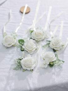 1pc/6pcs Elegant Rose Flower With Faux Green Plant Wrist Corsage, Suitable For Groom, Bride, Groomsman, Bridesmaid, Wedding, Engagement, Party, Banquet - Multicolor - View 5