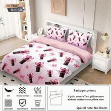 三件套床上用品（1个被套+2个枕套，不含填充物），粉色汽水图案，蝴蝶结装饰，适合作为情人节礼物送给爱人、朋友、家人，个性化日常床上用品，柔软、保暖、亲肤的被套，多种尺寸可选，包括特大号，舒适可爱，简约奢华，适合女孩和青少年卧室、客房。 - 2793+SJT+M - 查看 4
