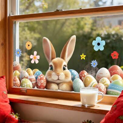 1/2pcs Creative Three Rabbits Window Clings Easter Theme Colorful Egg Wall Sticker Removable PVC Glass Decal For Shop Display Bedroom Spring Festival Ornament Supplies