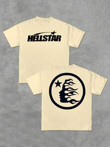 1Pcs Y2K Swag Star And Flame Men's 220G Casual T Shirt Streetwear Style 100% Cotton Men Clothes  Double Sided Graphic Printed T Shirt Burning Head Silhouette Tee - 杏色 - 查看 6