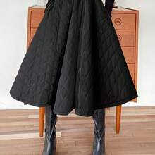 Women's Winter Thermal A-Line Maxi Skirt With Quilted Paneling - Elastic-Free Structured Fit & Waist-Cinching Belt, Machine Washable Solid Black Skirt For, Formal Events, Parties - Non-Stretch Elegant -Length Skirt (No - 黑色 - 查看 4