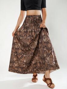 女士休闲百搭腰果印花A字裙，适合约会和外出穿着 - 棕色 - 查看 5