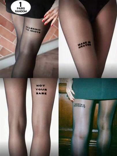 1 Pair Of Random Black Letters For Autumn And Winter, Comfortable And Breathable, Suitable For Campus And College Wear, Portable, Fashionable And Personalized Socks For Girls And Boys, Campus Parties, Daily Home Leisure Wear, Essential For Soft And Comfortable Women, Transparent Pantyhose