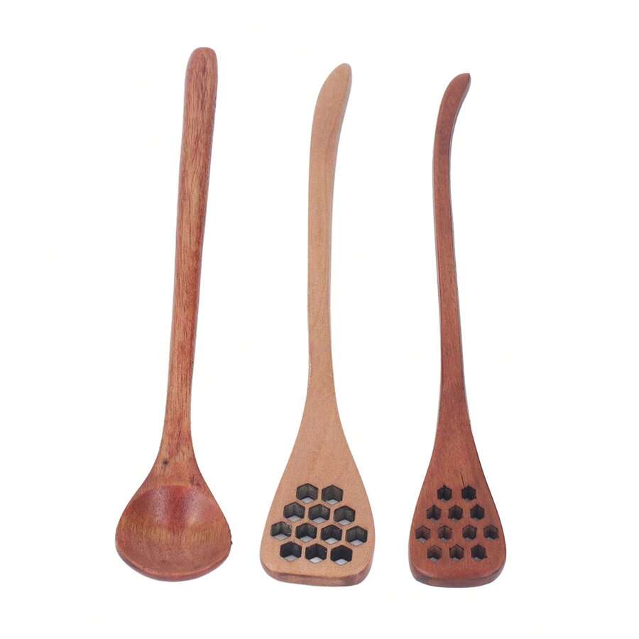 Set Of Three Elegant Long-Handled Wooden Honey Spoons – Handcrafted Spoons For Stirring Coffee And Tea, Perfect For Weddings, Hen Parties, Housewarmings, And Cooking. A Unique Party Favor.