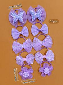 10个紫色蝴蝶结花朵弹力发圈，耐用又甜美的发饰 - 彩色 - 查看 6