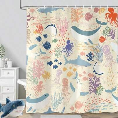 Cortina de ducha de tiburón color blanco bohemio diseño abstracto de peces oceánicos dibujos animados decoración de baño con tela colorida para tina de s 70 x 75 pulgadas