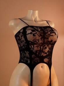 1 bộ áo liền thân ren hoa gợi cảm cỡ lớn dành cho nữ - Áo lót lưới không tay, nâng đỡ tốt, thiết kế khoét hở, thích hợp cho những dịp thân mật, trang phục gợi cảm dành cho người lớn, đồ lót | Họa tiết ren hoa | Vải lưới, đồ lót nữ thanh lịch - màu đen - Xem 4