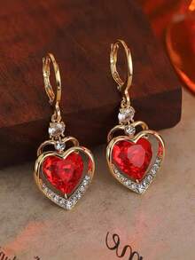 一对优雅别致甜美奢华高端玻璃镶嵌心形设计耳环，时尚百搭，适合女性日常通勤、节日、派对、情人节礼物 - 紅色 - 查看 2