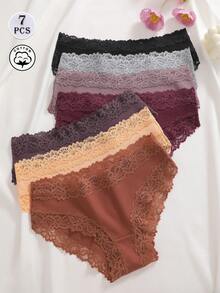 7pcs/Set Solid Color Cotton Lace Patchwork Ribbed Sexy Romantic Comfortable Low Waist Women's Triangle Panties - Multicolor - View 3