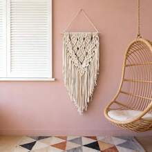 1pc Macrame Wall Hanging, Boho Style Wall Decor Tapestry, Handwoven Fringe Woven Wall Blanket Backdrop - Beige - View 6