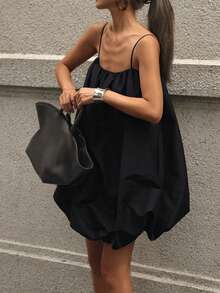 Women's Casual French Style Spaghetti Strap Ruffle Mini Dress, Solid Color Elegant Woven Fabric Casual Beach Holiday Daily Date Dress, Spring/Summer - Black - View 7