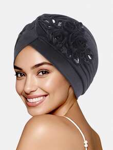 1pc Women's Sequin 3D Flower Printed Style Turban Hat, Suitable For Daily Use Hair Sleep Cap - Multicolor - View 18