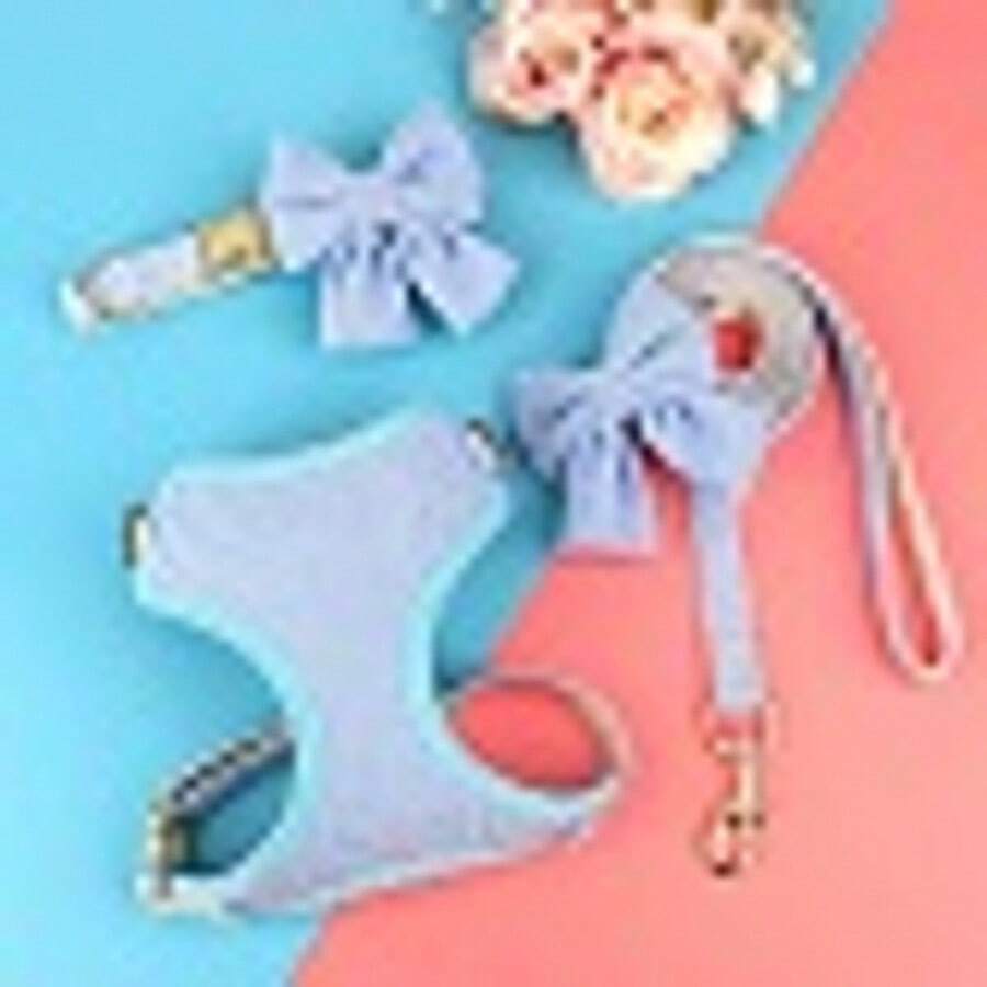 1 Set Velvet Bow Dog Collar & Leash Harness Set - Baby Blue - View 1