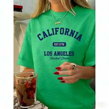 Women's Vintage California Los Angeles Graphic T-Shirt - Casual Round Neck, Short Sleeve, Cotton, Machine Washable, EST 1776 Print2025 - 綠色 - 查看 2