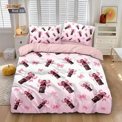 3pcs Bedding Set (1 Duvet Cover + 2 Pillowcases, No Filler), Pink Soda, Bow Decor Pattern, Suitable For Valentine's Day Gift For Lover, Friend, Family, Personalized Daily Bedding, Soft, Warm, Skin-Friendly Duvet Cover, Various Sizes Including Extra Large, Cozy & Cute, Minimalist Luxury, Suitable For Girls And Teenagers Bedroom, Guest Room