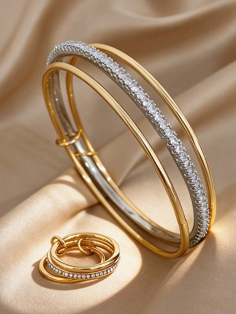 18K镀金不锈钢奢华优雅多层叠戴手镯戒指套装，双色金银镶嵌全锆石设计，适合情人节、派对、晚宴、日常佩戴、狂欢节、新年、婚礼、海滩、圣诞节、周年纪念日、妈妈礼物、波西米亚风珠宝、生日礼物、伴娘礼物等场合。 - 彩色 - 查看 1