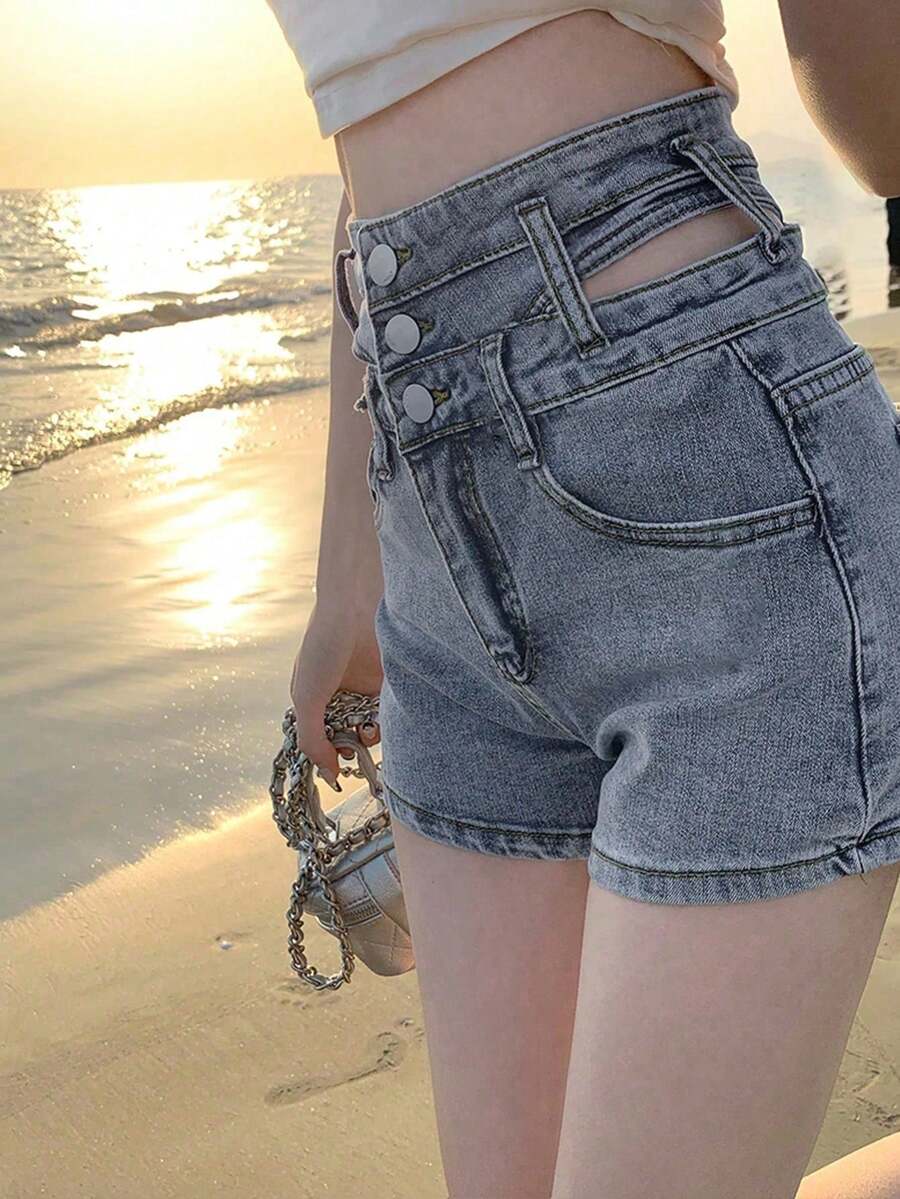 New Y2K Style Solid Color Hollow-Out High Waist Women Denim Shorts Casual Summer - Blue - View 1