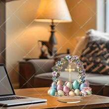 2D Flat Boho Style Easter Decor, With Cross, Floral, Egg Wreath & Pastel Tones - Spring Indoor Tabletop Centerpiece, Birthday & Holiday Home Decoration, Handmade Pastel Themed Item, No Electricity Required - Multicolor - View 3