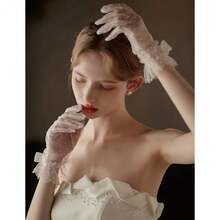 Short Lace Mesh Gloves Tulle Border With Pearls Wedding Opera Tea Party Gloves For Women Formal,OneSize,Ivory-2 - 象牙-2 - 查看 6