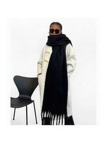Women's Winter Plush Scarf With Tassel Trim - Luxurious Long Fringe Scarves, Soft Warm Windproof Collar For Cold Weather, Elegant White/Blue/Black/Pink Scarves (Non-Elastic, Hand Washable-Like Care) - Christmas Gift Accessory, Size 86 In*16 In - màu đen - Xem 6
