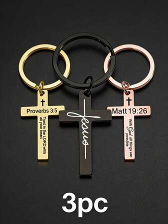 3 piezas Llavero con colgante de cruz de acero inoxidable con grabado de proverbio bíblico