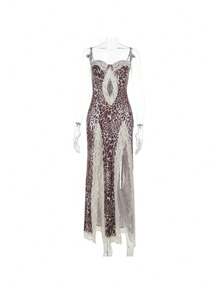 Women's 2026 Summer New Leopard Print Lace Slip Dress High Split Sexy - Họa tiết da báo - Xem 5
