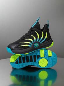 1 Pair Kids' Basketball Shoes, Fashionable Colorblock Breathable Outdoor Sports Shoes, Casual Sneakers For Boys - Green - View 11
