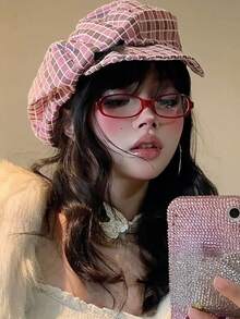 1 Pair Unisex Minimalist PC Frame Fashion Business Anti-Eyestrain Glasses, Transparent Lens Non-Prescription Eyewear Accessory - Red - View 4