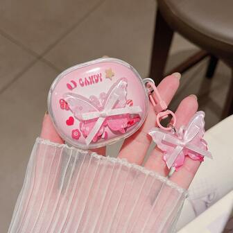 Nieuwe transparante roze 3D-vlinder + hanger beschermhoes voor draadloze oordopjes voor Redmi Buds 4 Lite/6 Pro/5/6s, Buds 6 Lite/6/7s, Buds 6 Play/SE universele zachte oordopjeshoes, transparant voor Buds 5 Pro/Buds 6 Active