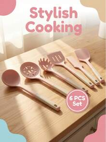 7件/6件套高品质粉色硅胶厨具套装，包含锅铲、汤勺、滤网和刷子。采用无异味硅胶材质，配有舒适的粉白渐变手柄。耐刮擦、不粘、耐热，适用于各种烹饪场景。必备厨房用具套装。 - 彩色 - 查看 10