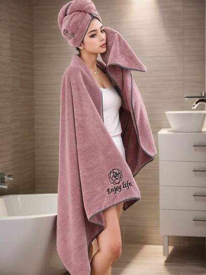 1 Set Gorro de ducha de felpa coral bordado absorbente y cálido simple de 25*65cm + Toalla de baño grande de 90*180cm Decoración de baño