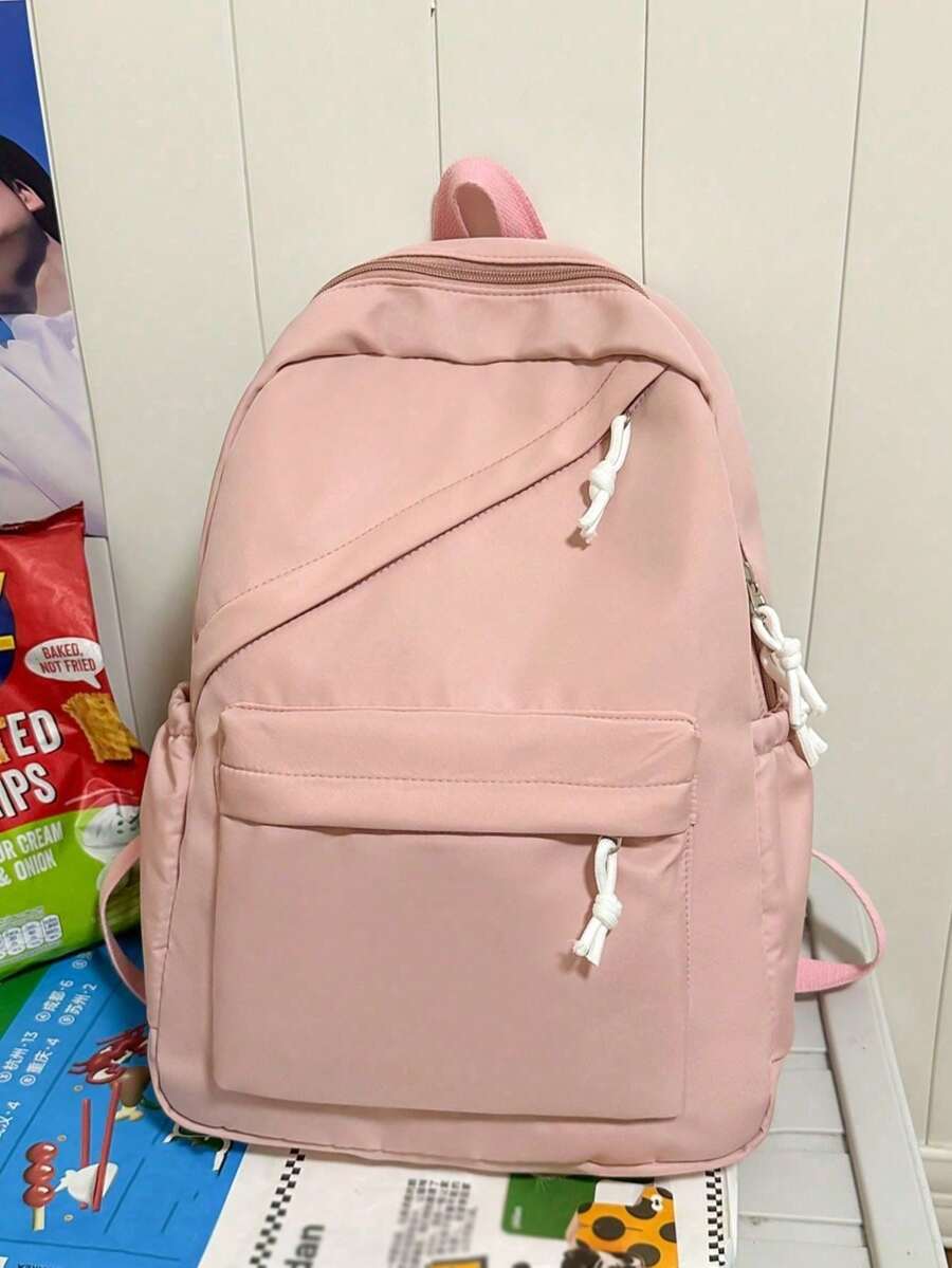 1pc Large Capacity Nylon Student Backpack, Minimalist Solid Color Bag, Suitable For College Students, Girl, Girls Travel Or Shoulder Bag - Pink - View 1