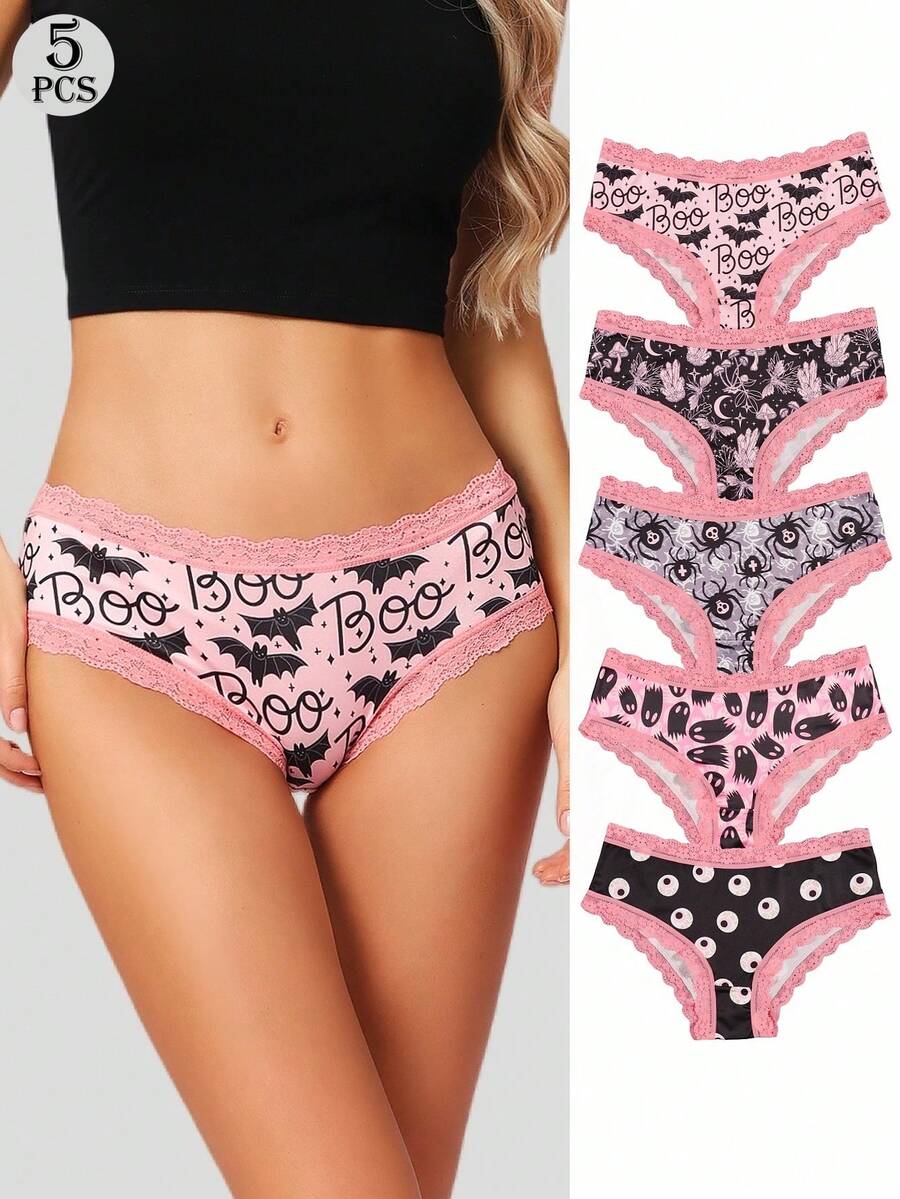 Dircho 5pcs Women's Sexy Cute Gothic Contrast Lace Bikini Panties - Allover Skull & Moon Print Silky Soft Comfy Intimates Underwear, Stretch Breathable Elastic Waist Lightweight Daily Lingerie Set - Multicolor - View 1