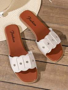 Women's Summer Flat Casual High-End Rhinestone Studded Leather Comfortable Slip-On Slippers, Fashion Outdoor Slides - White - View 2