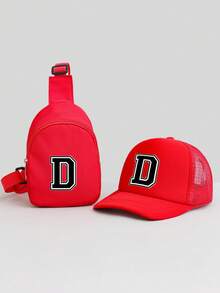 2pcs Kids Red 26 Letter Personalized Sponge Mesh Cap Set, Fashionable Cool Breathable Sunshade Hollow Design Baseball Cap & Compact Lightweight Versatile Pouch, Gift Set, Suitable For 5-8 Years Old Boys & Girls Casual, School, Travel In Spring/Summer - Red - View 25