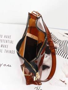 Lightweight,Business Casual Clear Shoulder Bag For Teen Girls Women College Students,Rookies & White-Collar Workers Perfect For Office,College,Work ,Business,Commute,Outdoors, Travel, Outings, Waterproof, Sandproof Transparent Bag, Beach Sports Picnic Snacks Clear Purse For Women - 咖啡棕 - 查看 6