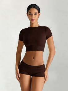 XLLAIS Small Round Neck Short Sleeve Fitted Sport T Shirt Cooling Layer Cute Summer Crop Tops 2025 - Dark Brown - View 6