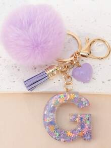 Móc khóa chữ cái A-Z bằng nhựa đính kim sa hình quả cầu len dễ thương, phụ kiện ví & túi xách, đồ trang trí treo balo, mặt dây chuyền xe hơi, quà tặng cho bé gái. - Màu tím hoa cà - Xem 18