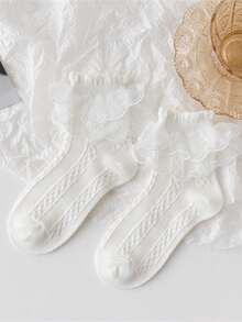 5 Pairs Girls White Ruffled Lace Trim Socks, Breathable Mesh Princess Socks For Spring/Summer, School, Dance, Birthday Gift - White - View 5