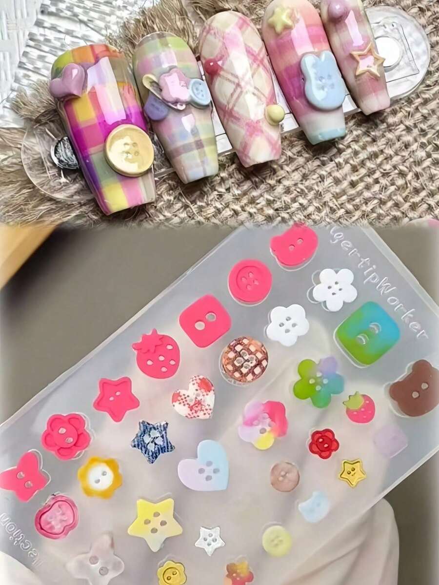 1pc Cartoon Button, Key Chain, Heart Lock, Fruit, Star, Kitten, Cookie Shaped Transparent Silicone Nail Art Mold, Creative Decorative Accessory - Clear - View 1