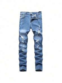 Traje callejero a la moda Agujeros distorsionados morados Jeans de pierna recta para hombre Estrecha ajustada estrecha Comodidad Pantalones de mezclilla extensibles para hombre Pantalones informales de moda Cintura elástica Jeans lavados duraderos Jeans rasgados con estilo para hombre - Neblina azul - Ver 1