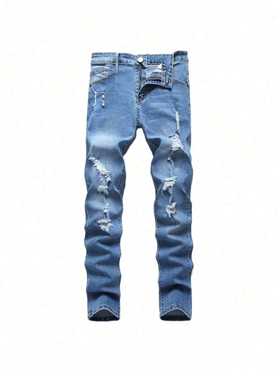 Traje callejero a la moda Agujeros distorsionados morados Jeans de pierna recta para hombre Estrecha ajustada estrecha Comodidad Pantalones de mezclilla extensibles para hombre Pantalones informales de moda Cintura elástica Jeans lavados duraderos Jeans rasgados con estilo para hombre - Neblina azul - Ver 1