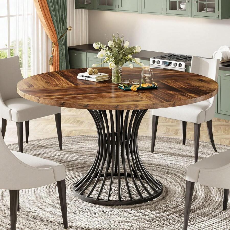 LITTLE TREE Round Farmhouse Dining Table For 4-6 People, 75cm Height, Rustic Brown Kitchen Table With Sturdy Metal Base, Easy Assembly For Small Spaces, Kitchen, Living Room - 紫紅色 - 查看 1