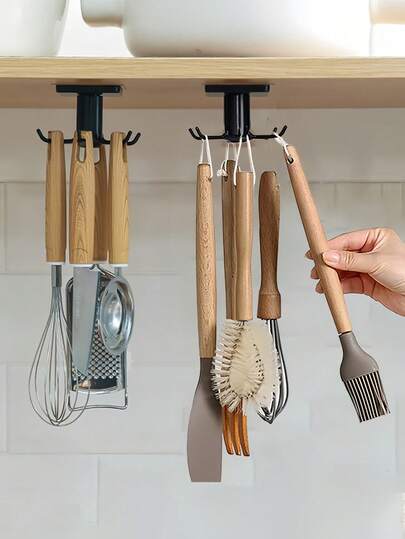 Gancho giratório 360° para pendurar embaixo do armário, suporte multifuncional de parede para utensílios de cozinha, organizador de panelas, suporte adesivo para pendurar utensílios de cozinha, toalhas, facas e acessórios de banheiro.