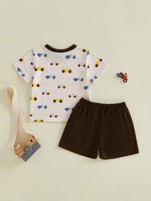 Boys Summer Shorts Sets Short Sleeve O Neck Race Car Print Tops And Solid Color Shorts - Apricot - View 2