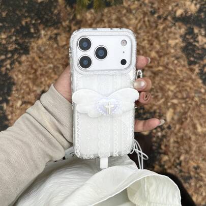 纯手工纯白亮片蕾丝翅膀创意手机壳，兼容 17 Pro Max、16 Pro Max、15 Pro、14、13，可爱时尚手机保护套