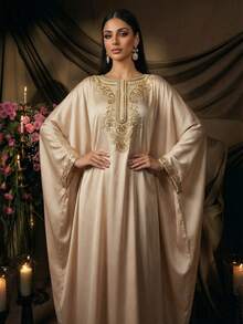 AmazingHoney Elegante bata de kaftan de color crema con detalles bordados en dorado, mangas de murciélago, bata de fiesta abaya, bata de kaftan, bata abaya (corte holgado - por favor, consulte la tabla de tallas) - Albaricoque - Ver 8